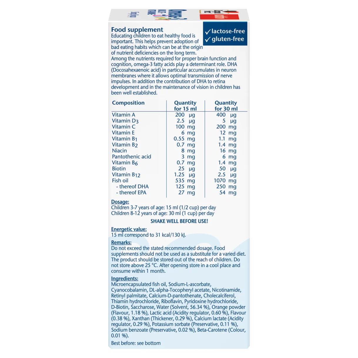 Illustration of the product packaging Doppelherz aktiv Omega-3 Junior side view right